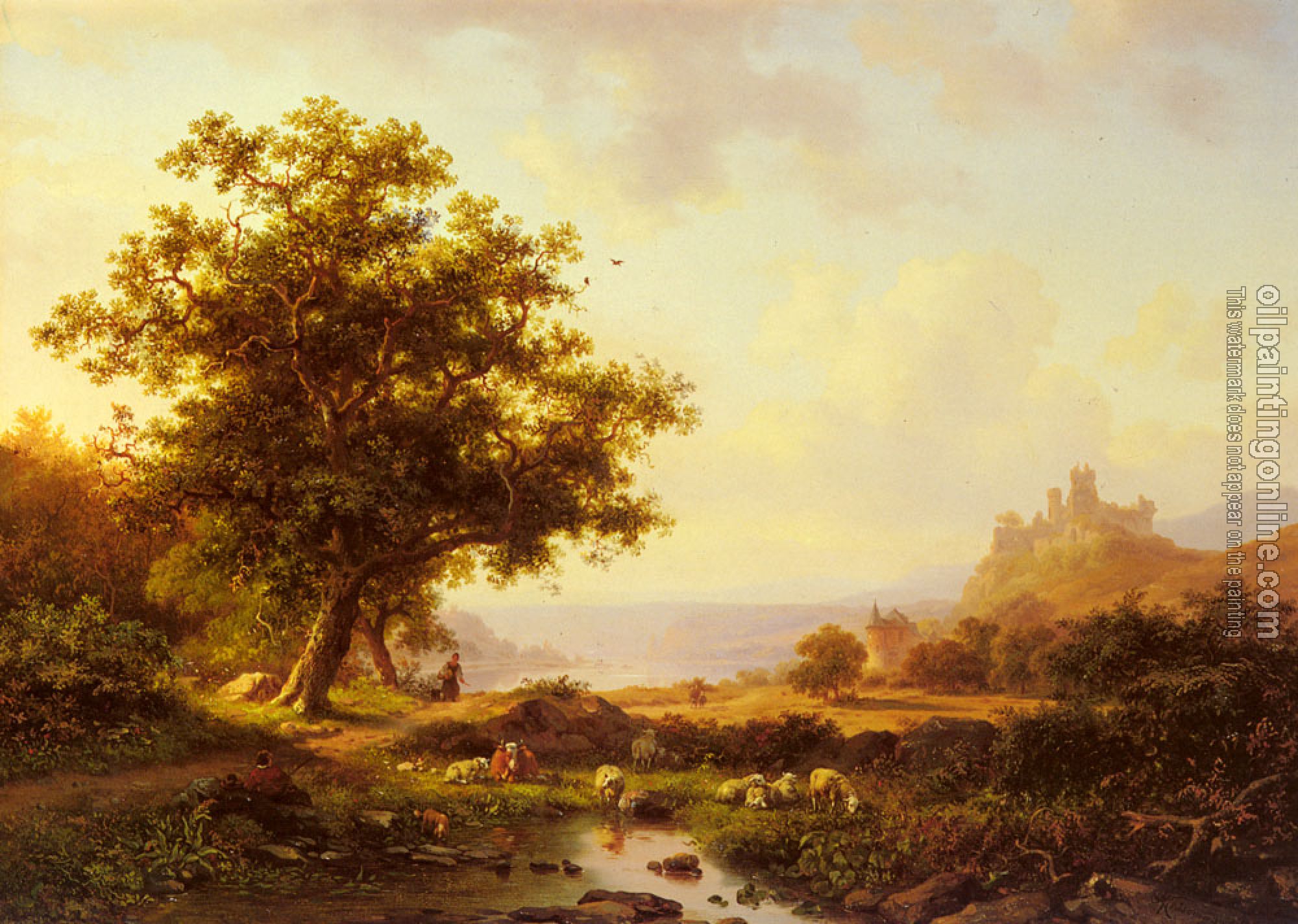 Frederik Marianus Kruseman - An Extensive River Landscape With A Castle On A Hill Beyond